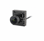 Black camera lens with cable on a white background