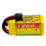 Yellow battery pack with red text and black connectors on a white background