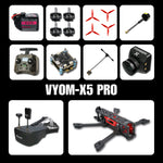 Collage of components and parts for a VYOM-X5 PRO drone on a black background.