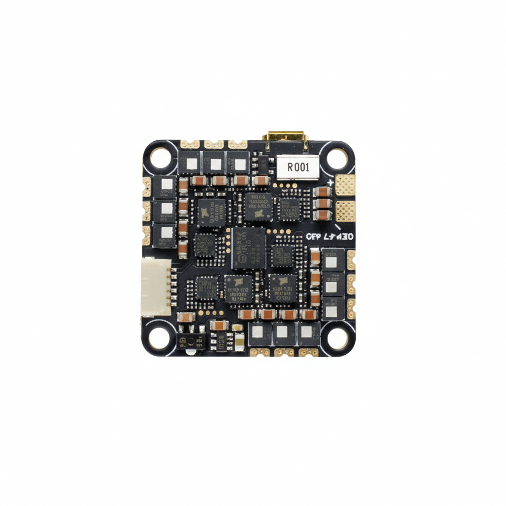 Electronic circuit board with various components on a white background
