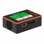 Black electronic device with a colorful display on a white background