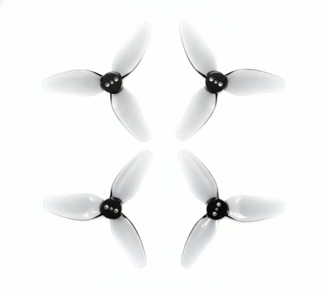 Four white propellers with black hubs on a white background