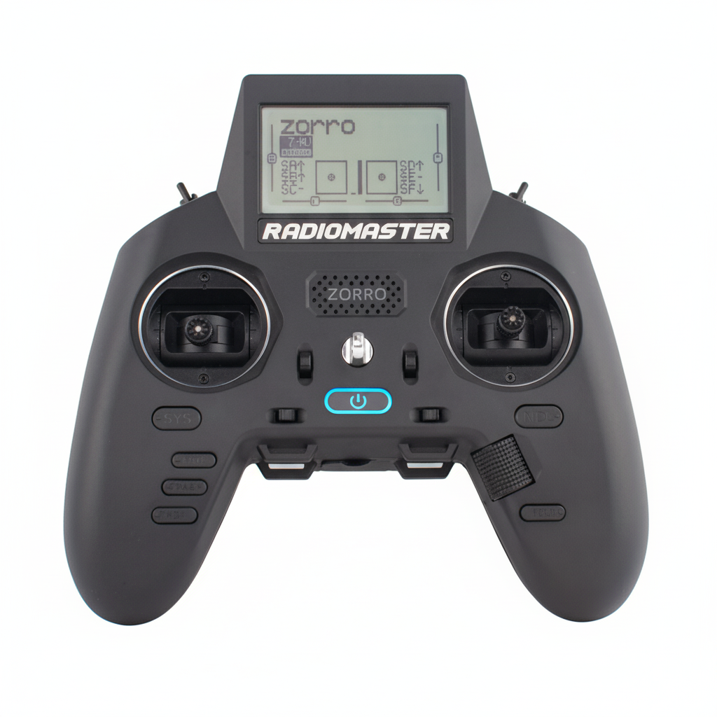 Radio controller with 'Radiomaster' branding on a white background