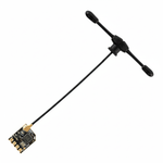 Compact ExpressLRS receiver module with antenna, designed for reliable long-range FPV drone radio communication, on white background.