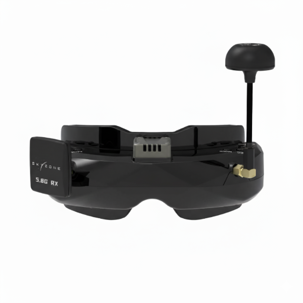 Black drone goggles with antenna on a white background