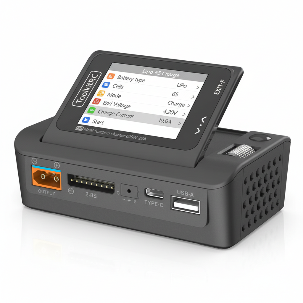 Battery charger with digital display on a white background