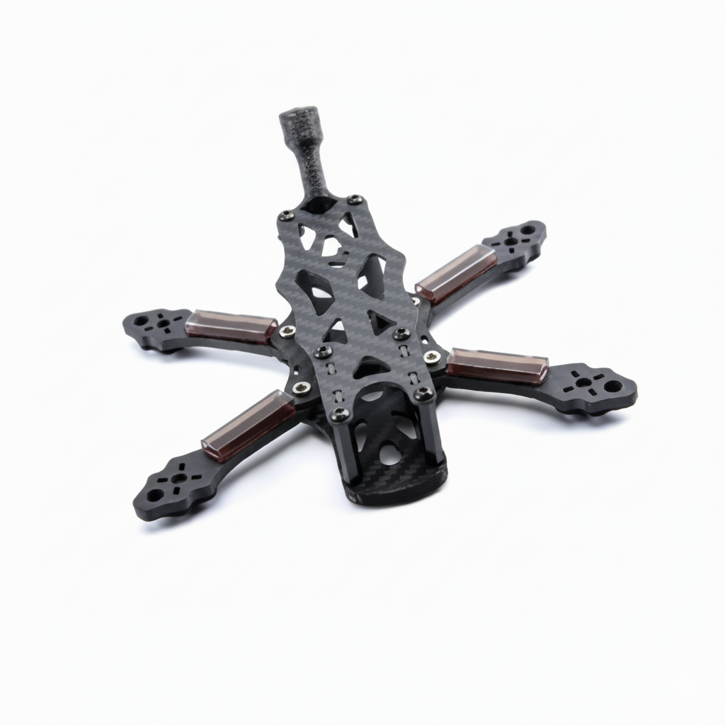 Compact 3-inch carbon fiber FPV drone frame with reinforced arms, central mounting area, and rear antenna mount for durable micro freestyle builds.