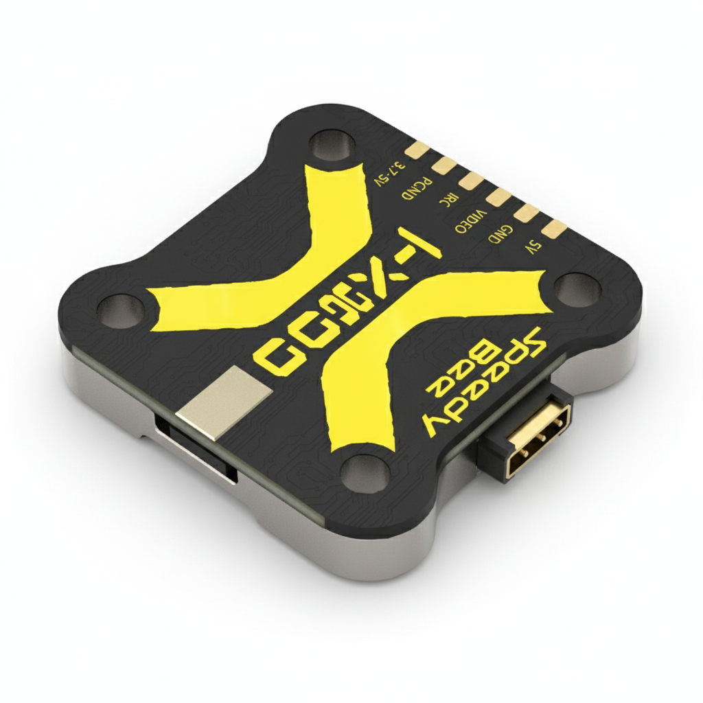 Black and yellow electronic component with branding on a white background