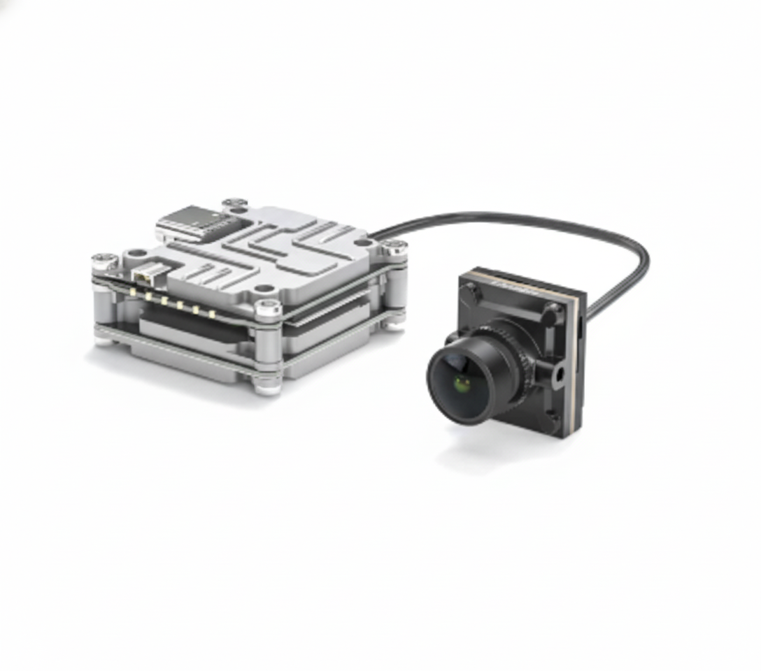Camera module with metal housing on a white background