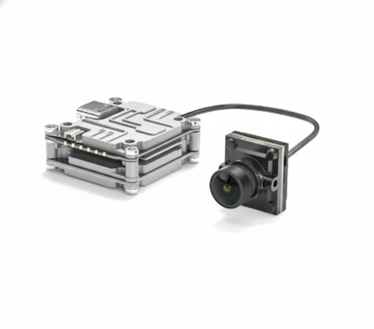 Camera module with metal housing on a white background