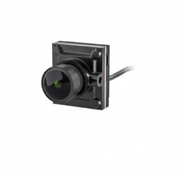 Black camera lens with cable on a white background