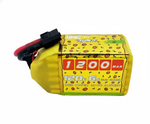 Yellow battery with red text and black connector on a white background