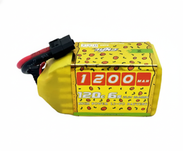 Yellow battery with red text and black connector on a white background