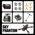 Collage of drone parts and components with 'SKY PHANTOM' branding.