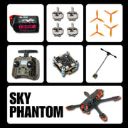 Collage of drone parts and components with 'SKY PHANTOM' branding.