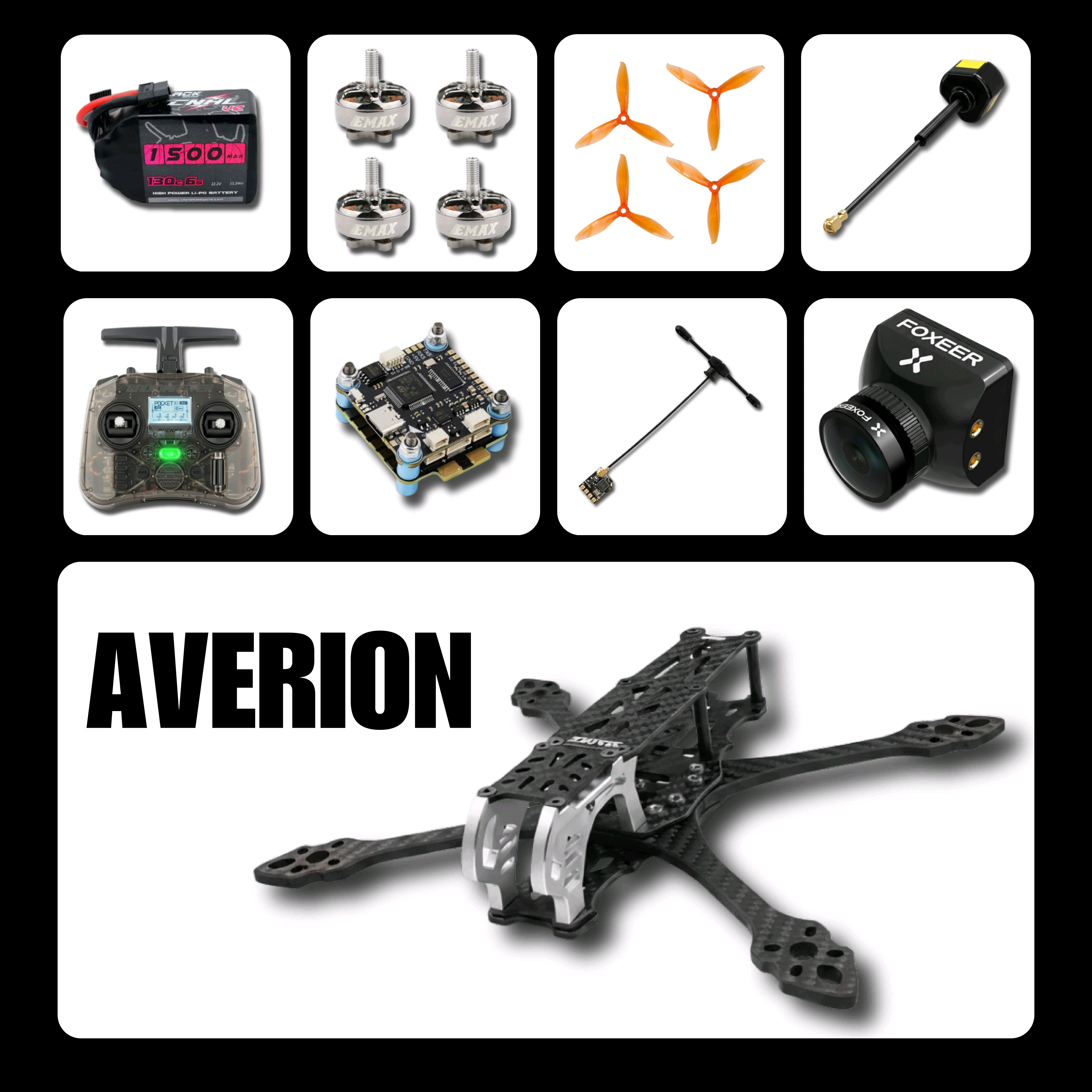 Collage of drone parts with 'Averion' branding on a black background