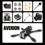 Collage of drone parts with 'Averion' branding on a black background
