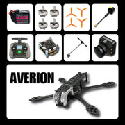 Collage of drone parts with 'Averion' branding on a black background