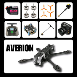 Collage of drone parts with 'Averion' branding on a black background