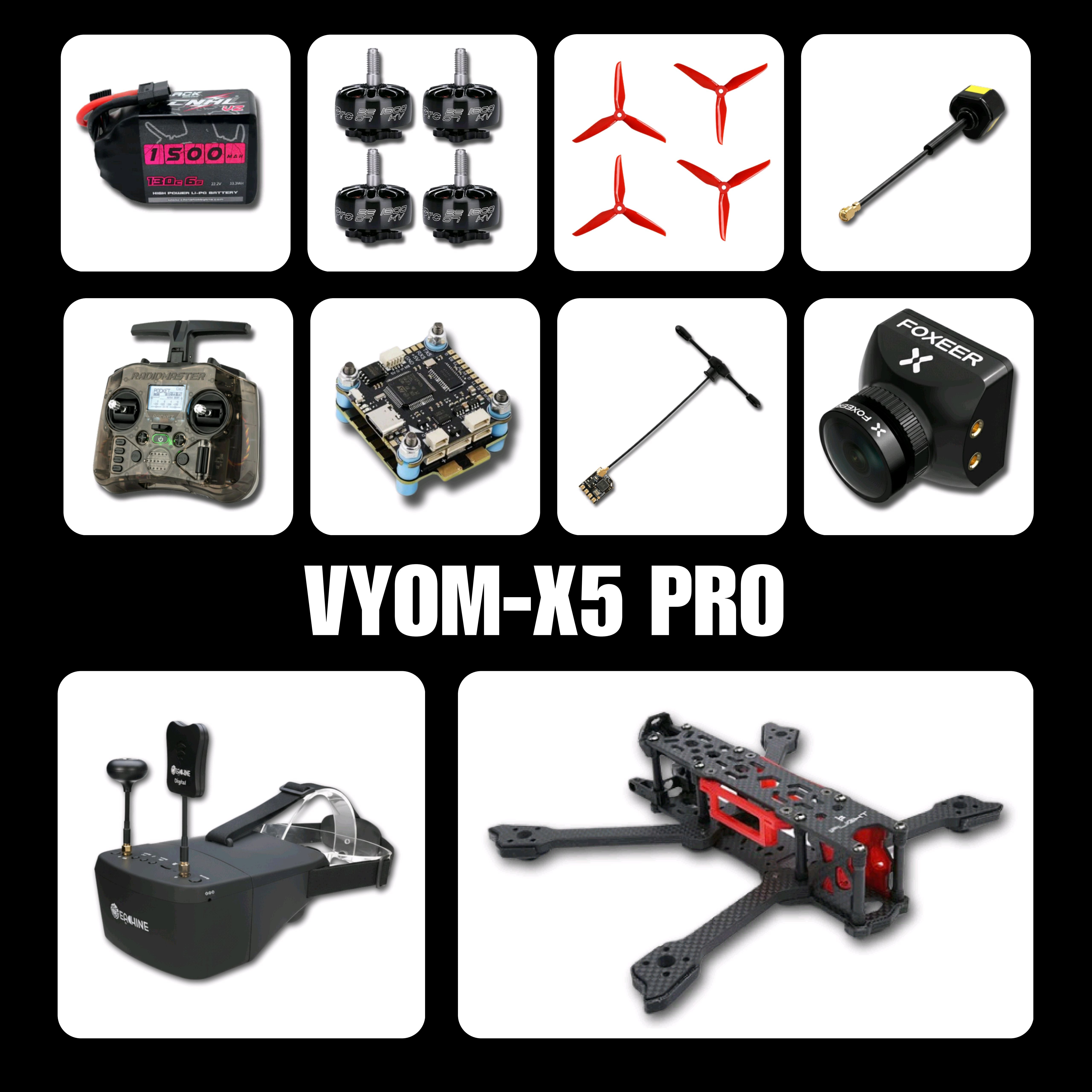 Collage of components and parts for a VYOM-X5 PRO drone on a black background.