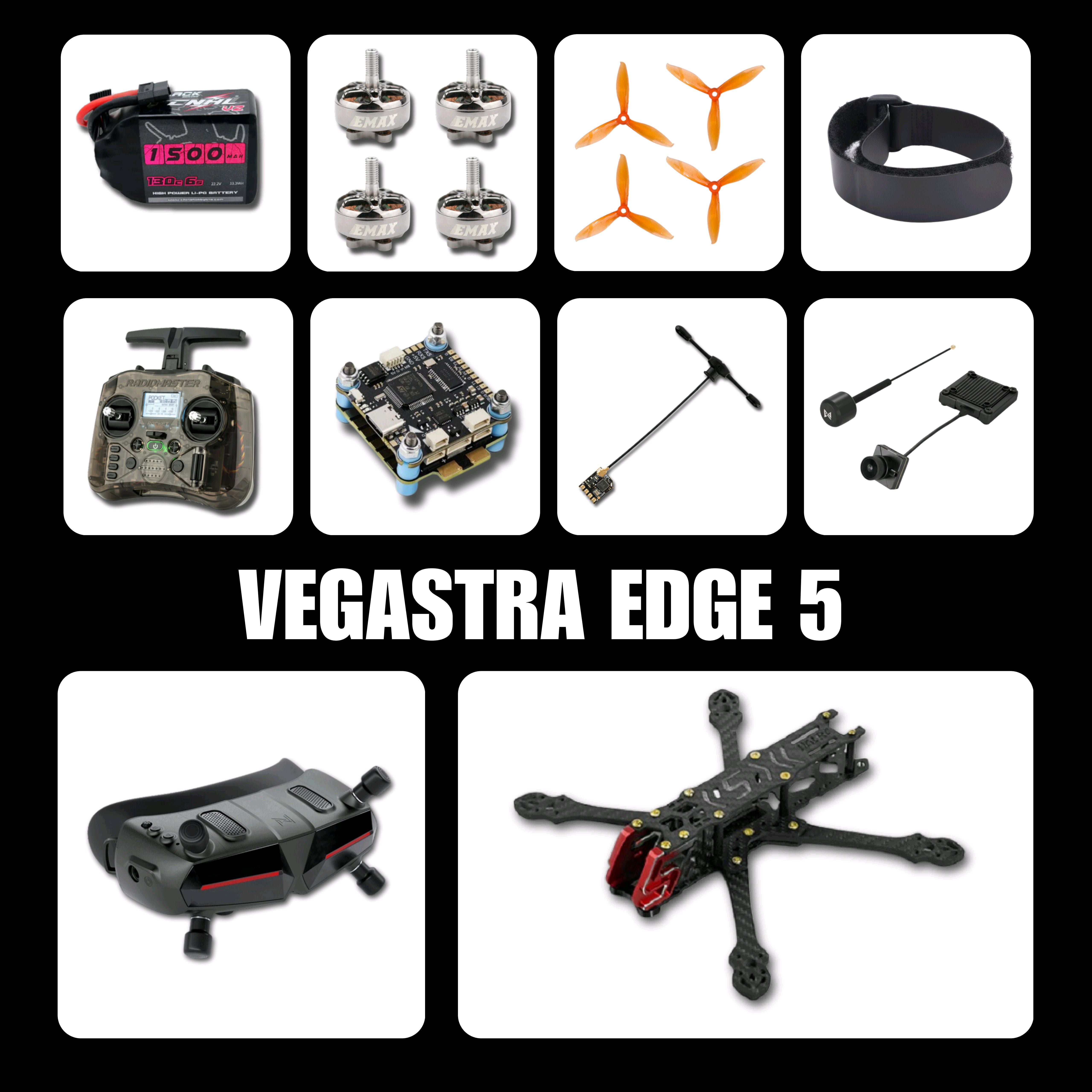 Collage of drone parts and components with 'VEGASTRA EDGE 5' branding.