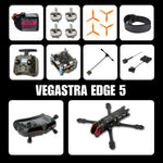 Collage of drone parts and components with 'VEGASTRA EDGE 5' branding.