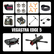Collage of drone parts and components with 'VEGASTRA EDGE 5' branding.