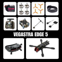 Collage of drone parts and components with 'VEGASTRA EDGE 5' branding.