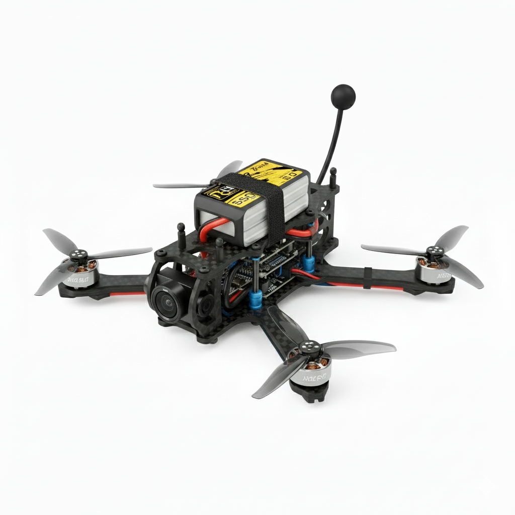 Close-up of an FPV drone on a white background showing its carbon fiber frame, motors, camera, and mounted battery.
