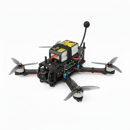 Close-up of an FPV drone on a white background showing its carbon fiber frame, motors, camera, and mounted battery.
