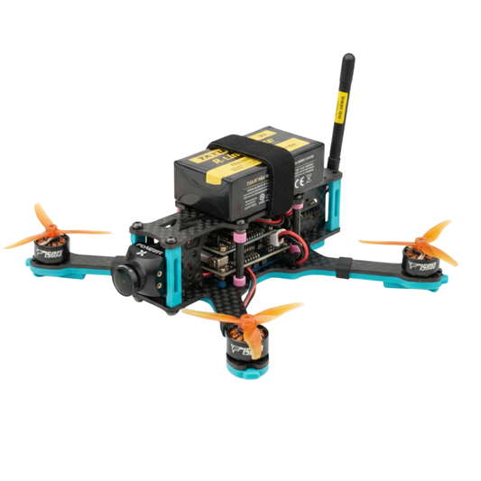 Close-up of a drone with visible components on a white background