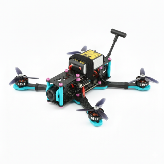 Black and blue drone with visible components on a white background