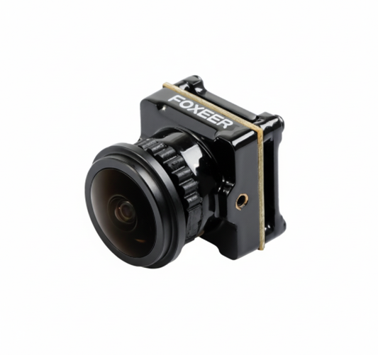 Black camera lens with 'FOXEER' branding on a white background