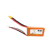 Orange battery with red and black wires on a white background