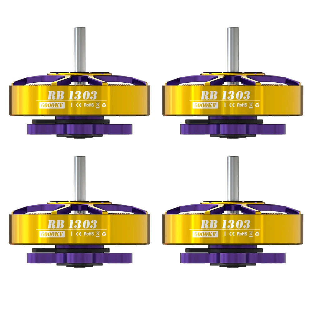Four yellow and purple RB 1303 motors on a white background