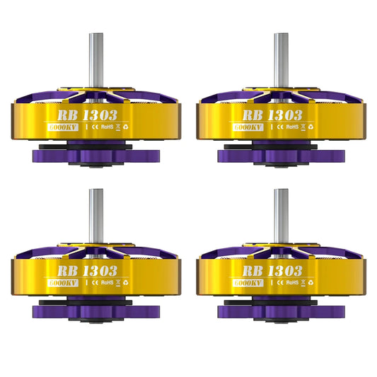 Four yellow and purple RB 1303 motors on a white background