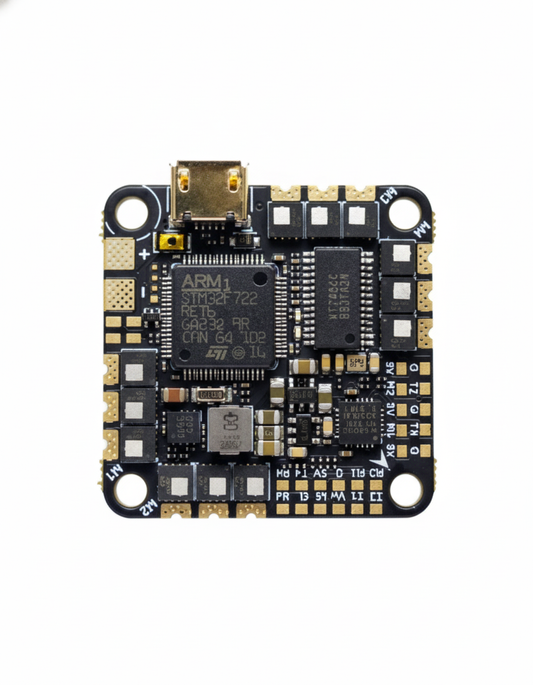 Electronic circuit board with ARM processor on a white background