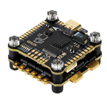 Electronic circuit board with gold and black components on a white background