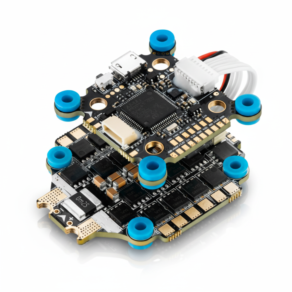 Electronic circuit board with blue connectors on a white background