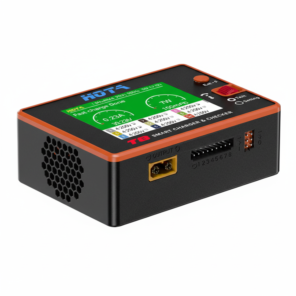 Black electronic device with a colorful display on a white background