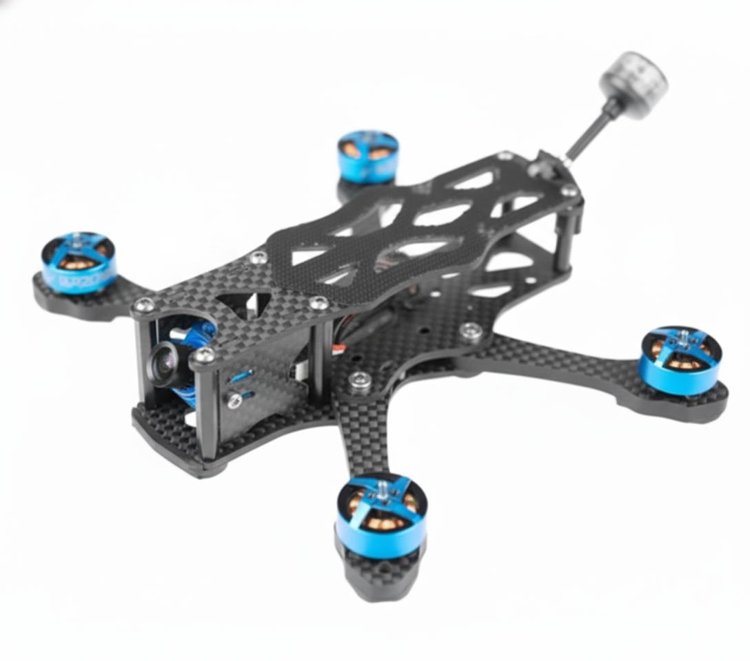 Carbon fiber drone frame with blue and black propeller casings on a white background