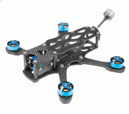 Carbon fiber drone frame with blue and black propeller casings on a white background