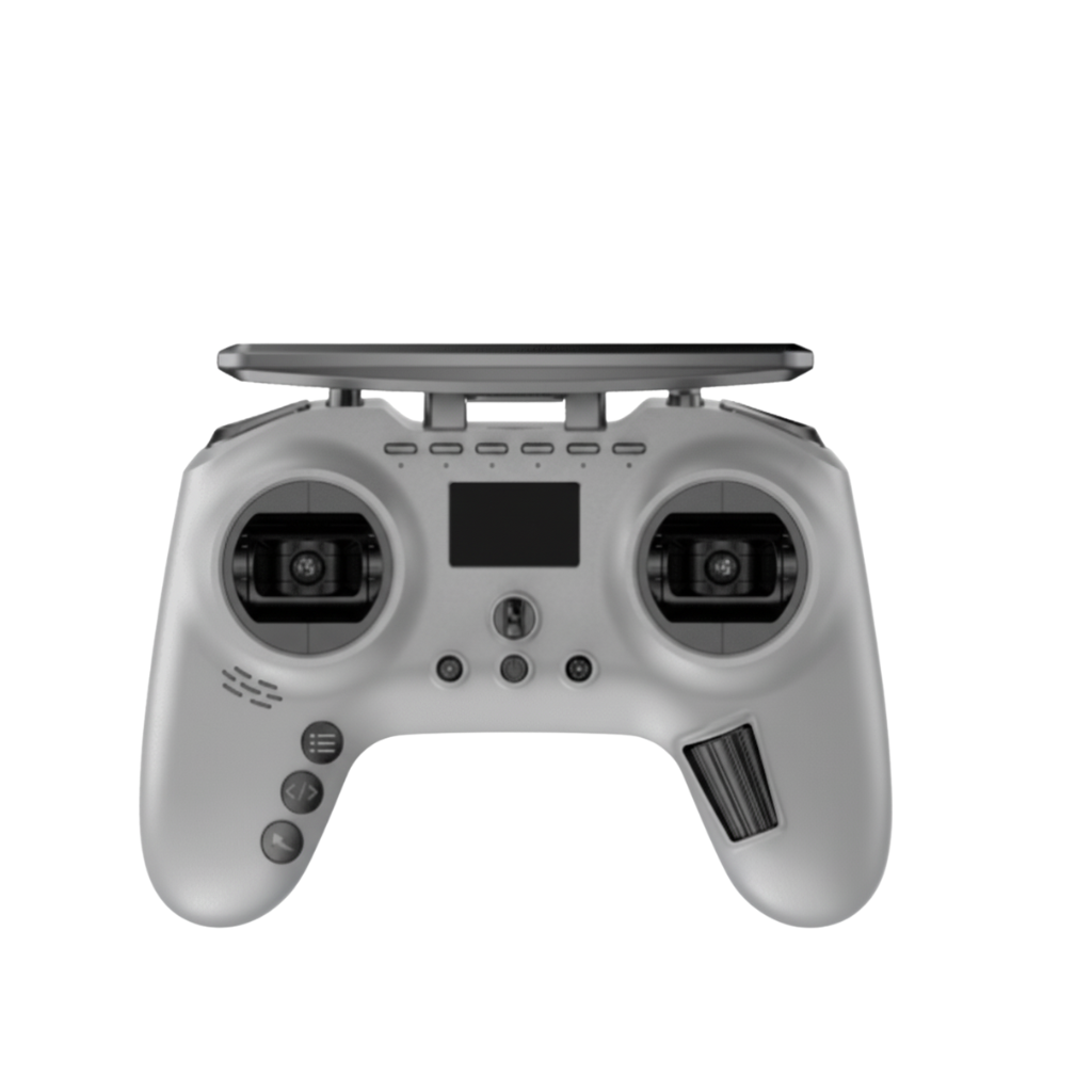 White remote control with black buttons on a white background