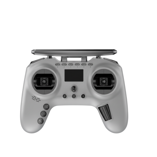 White remote control with black buttons on a white background