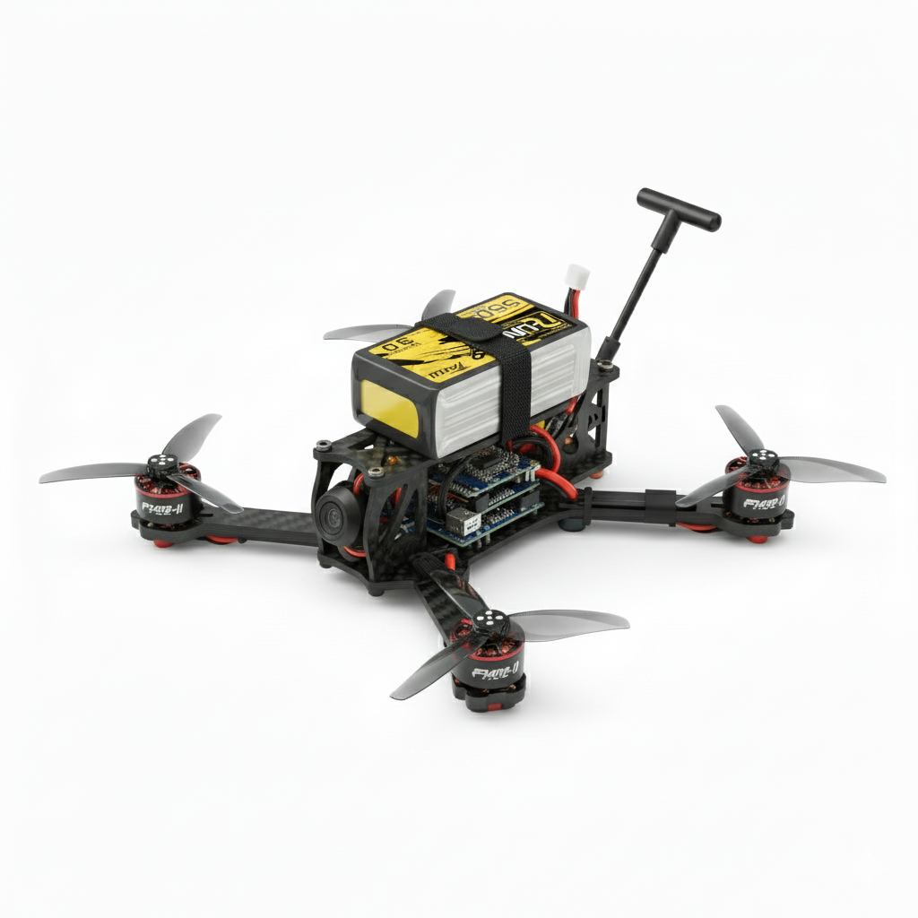 Black and yellow drone with propellers on a white background
