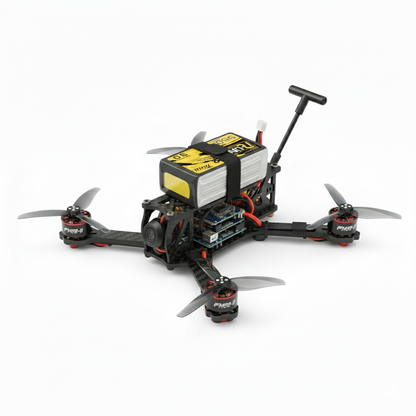 Black and yellow drone with propellers on a white background
