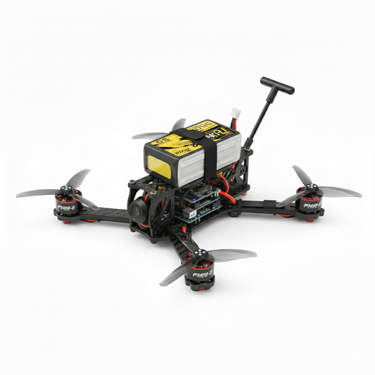 Black and yellow drone with propellers on a white background