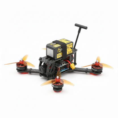 Black and yellow drone with propellers on a white background