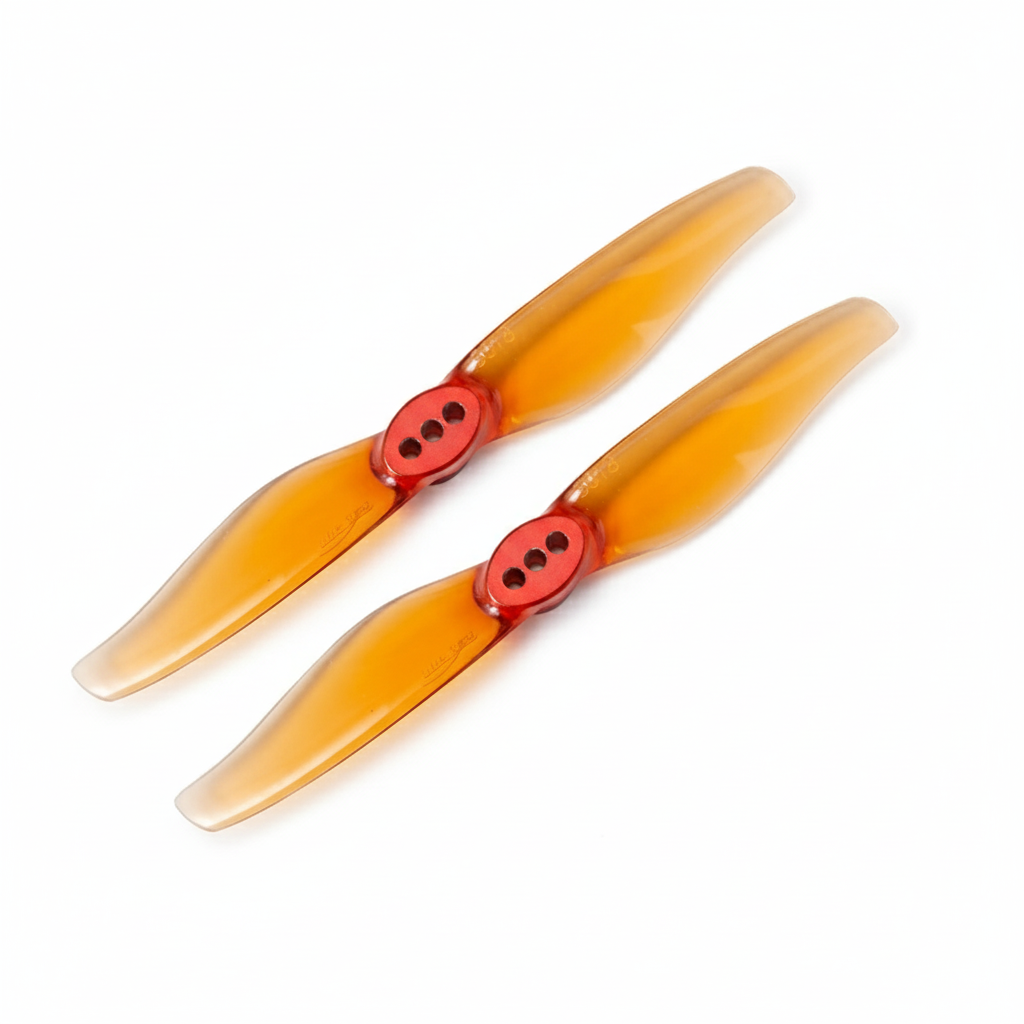 Two orange propellers with red hubs on a white background