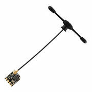 Compact ExpressLRS receiver module with antenna, designed for reliable long-range FPV drone radio communication, on white background.